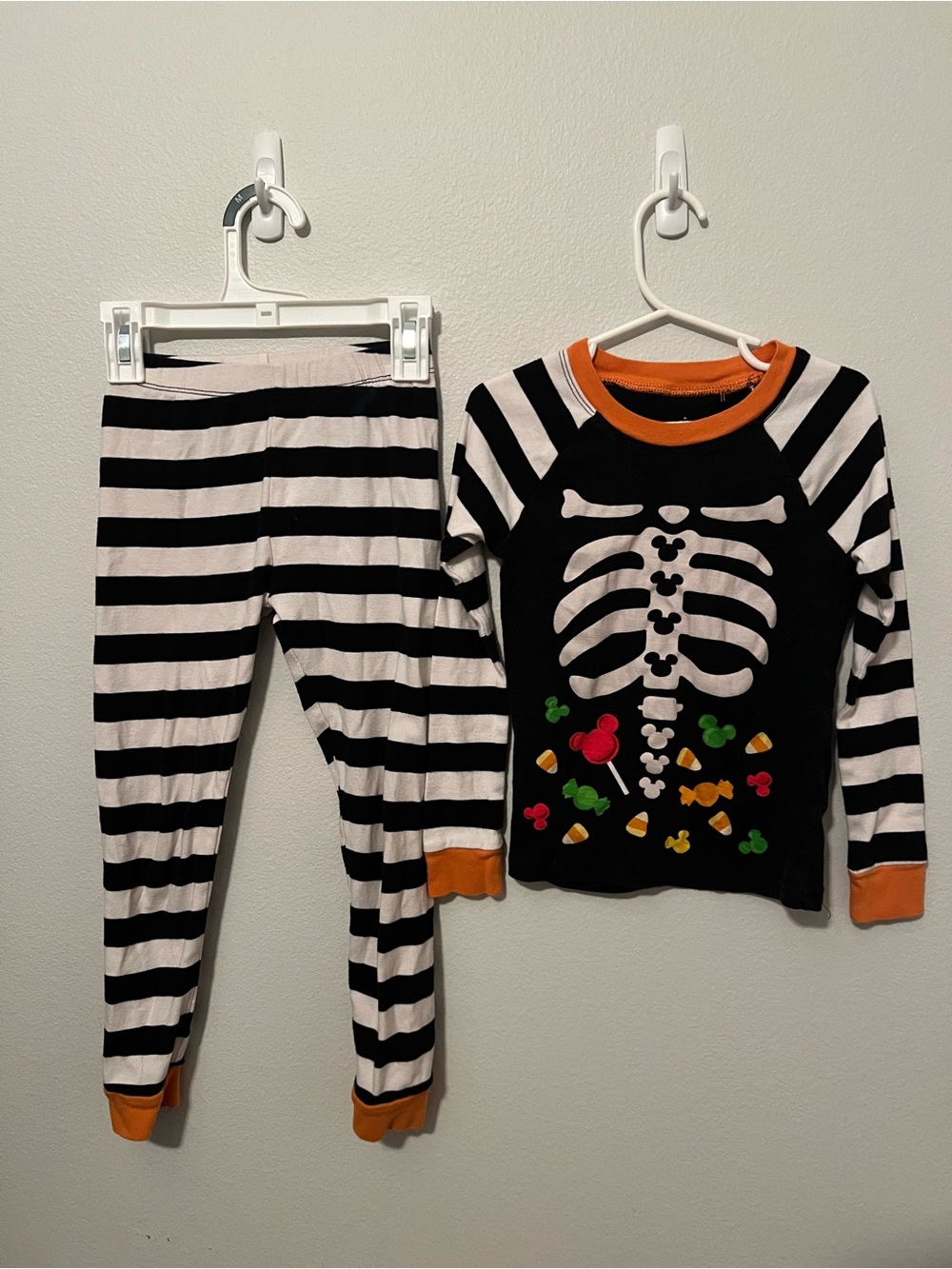 Disney Black & White Striped Skeleton Pajama Set with Orange Trim